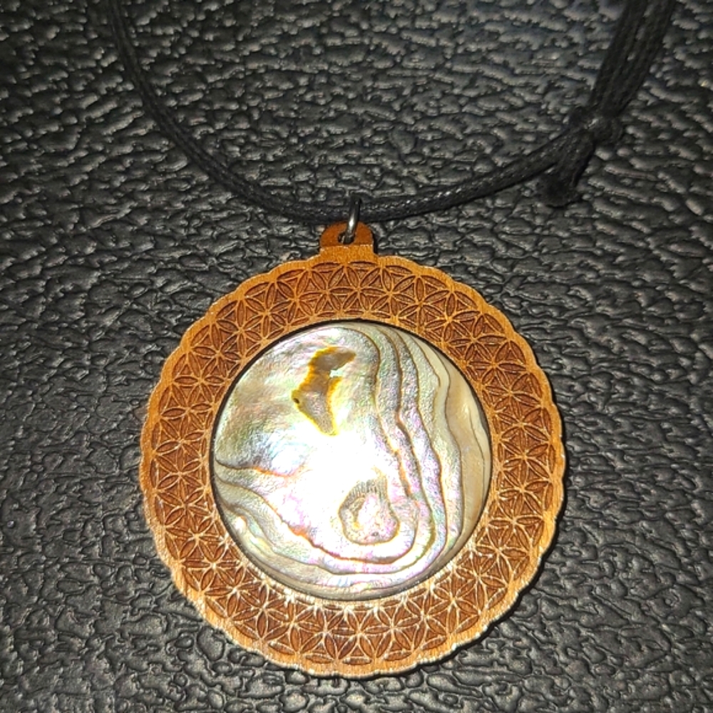 Engraved Cherry wood and Mother of pearl necklace.